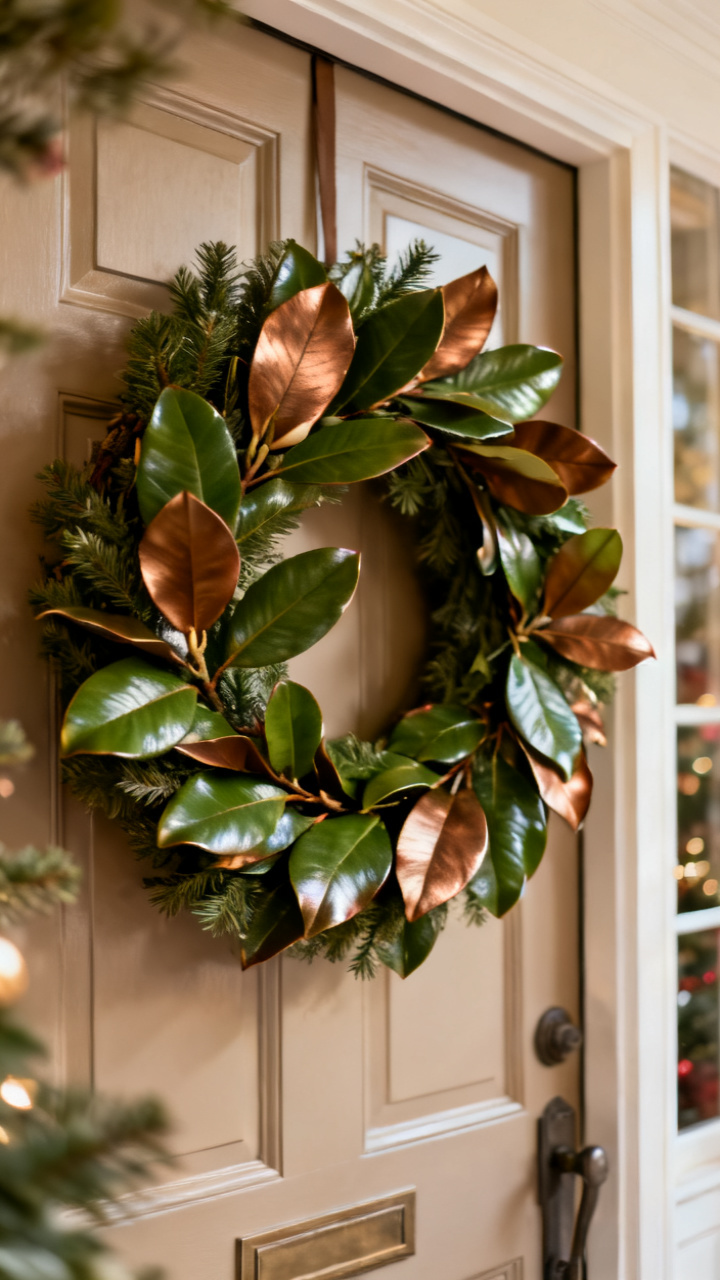 Photorealistic magnolia leaf Christmas wreath with glossy green fronts and velvety brown backs on a cream door, elegant southern style, warm daylight, sophisticated cozy holiday palette, no text, no people, no logo, no watermark
