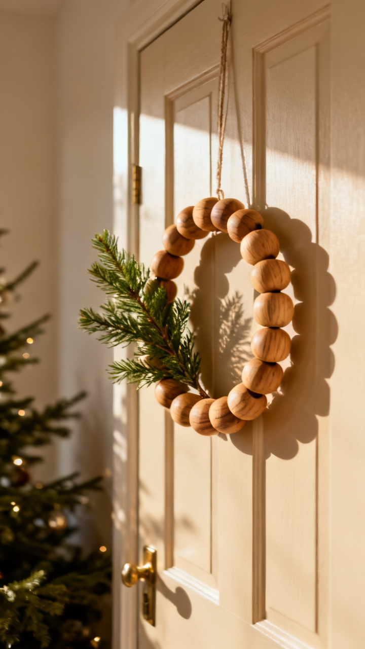 Photorealistic minimalist Nordic wood-bead Christmas wreath with a small sprig of greenery on a white door, natural wood tones, soft bright light, calm cozy holiday palette, no text, no people, no logo, no watermark