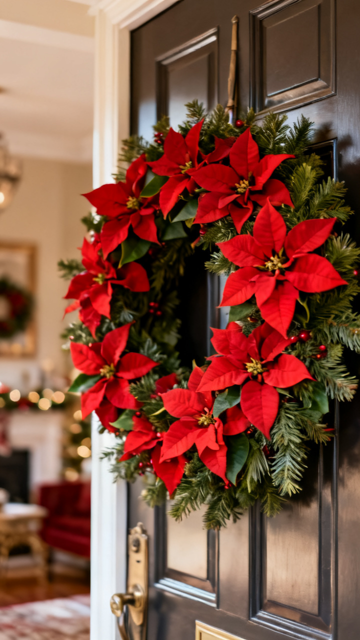 Photorealistic lush red poinsettia Christmas wreath with velvety blooms and gold accents on a dark door, rich warm light, elegant festive holiday palette, no text, no people, no logo, no watermark