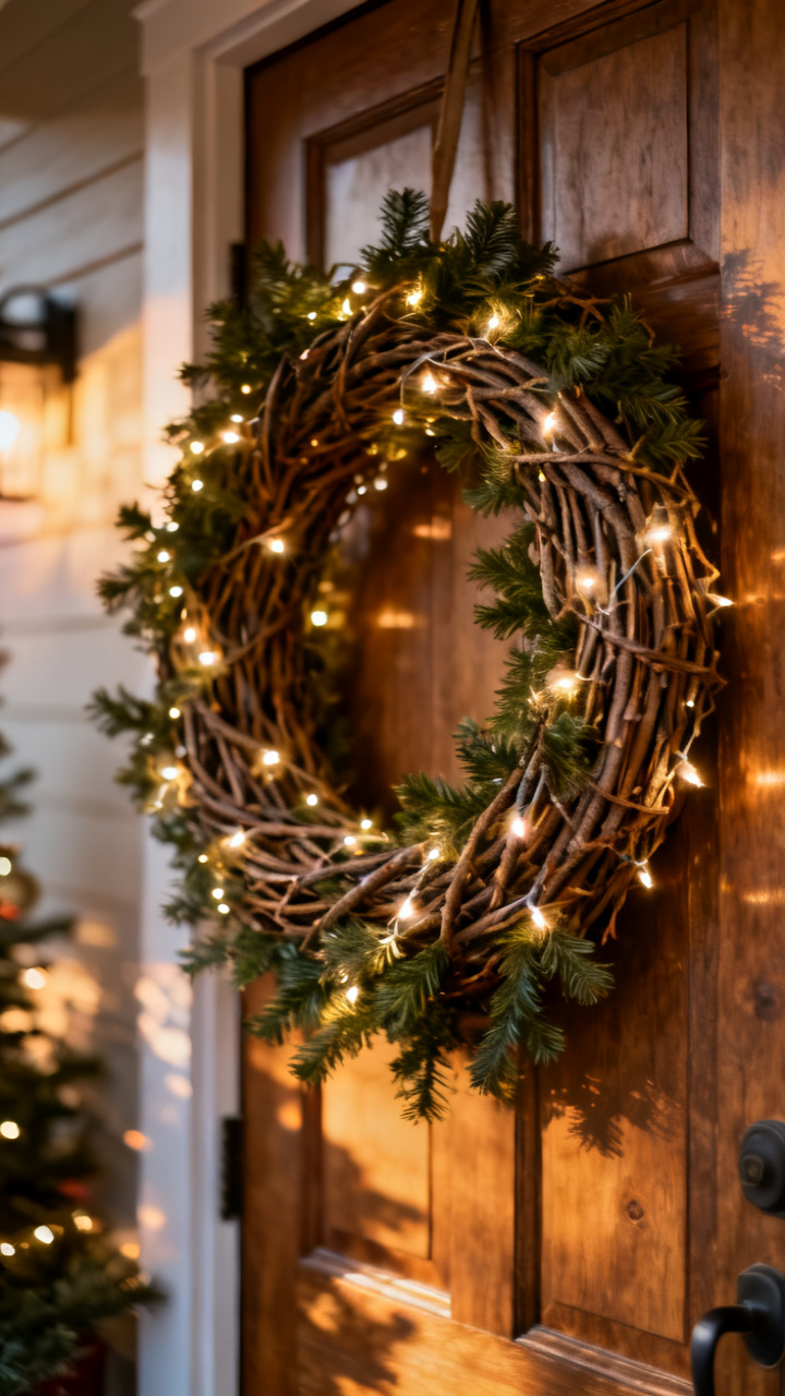 Photorealistic rustic grapevine Christmas wreath woven with warm fairy lights and a few pinecones on a wood door at dusk, golden glow, cozy rustic holiday palette, no text, no people, no logo, no watermark