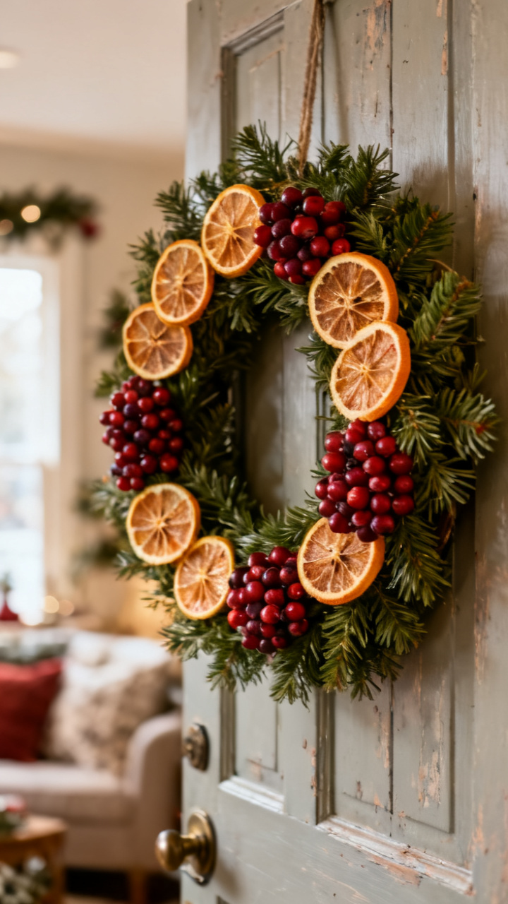 Photorealistic evergreen Christmas wreath with dried orange slices, cranberries, and cinnamon sticks on a warm wood door, cheerful natural light, cozy old-world holiday palette, no text, no people, no logo, no watermark