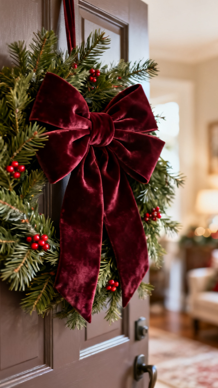 Photorealistic evergreen Christmas wreath topped with an oversized burgundy velvet grand bow and long trailing tails on a cream door, warm elegant light, luxe cozy holiday palette, no text, no people, no logo, no watermark