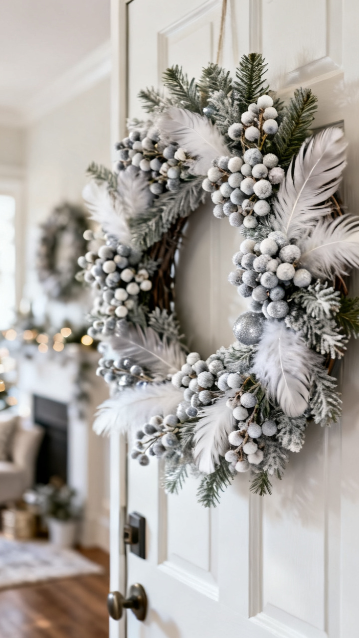 Photorealistic winter white Christmas wreath with frosted white berries and soft feathers on a gray door, delicate wintry texture, soft cool daylight, elegant cozy holiday palette, no text, no people, no logo, no watermark