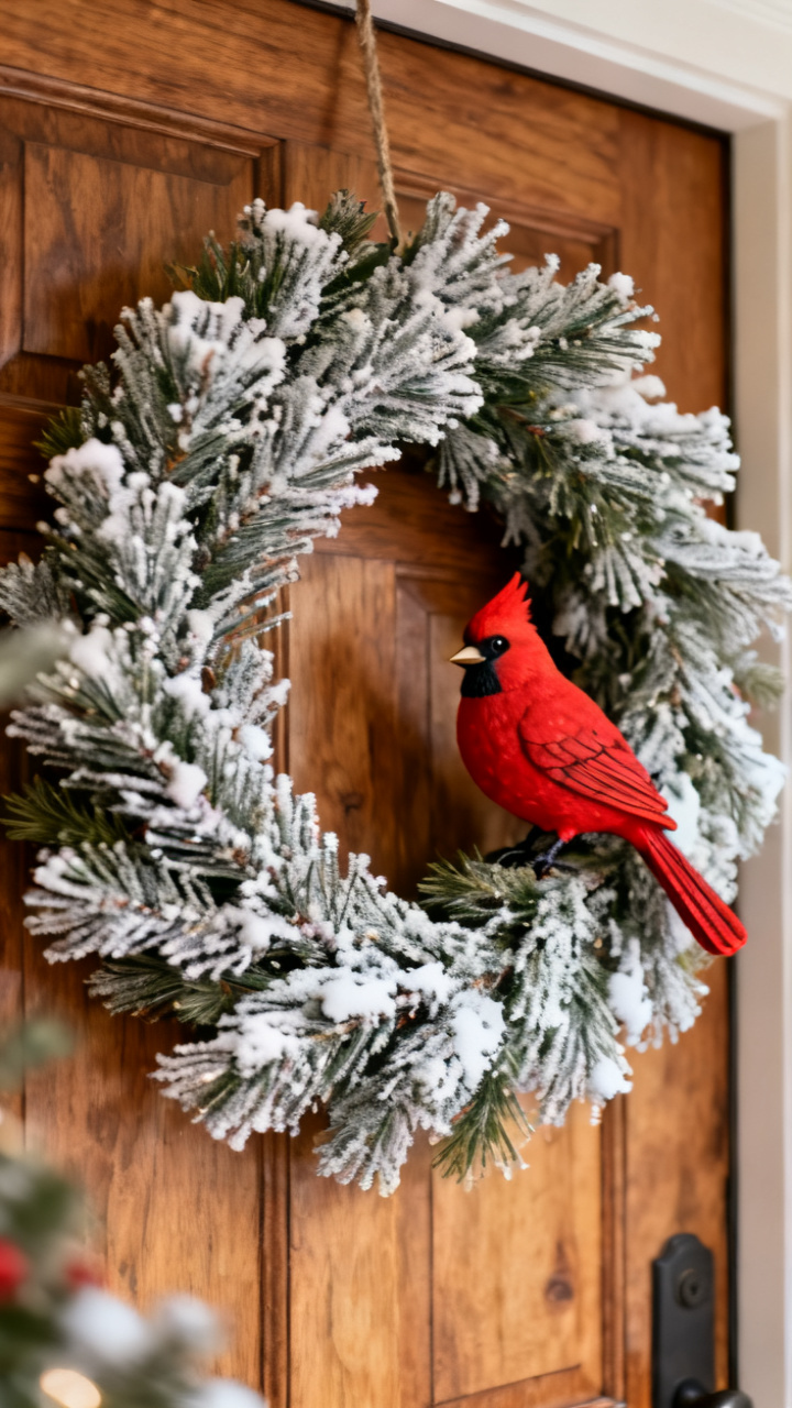 Photorealistic snowy pine Christmas wreath with a small red cardinal figure and white berries on a white door, sweet wintry charm, soft bright light, cozy classic holiday palette, no text, no people, no logo, no watermark