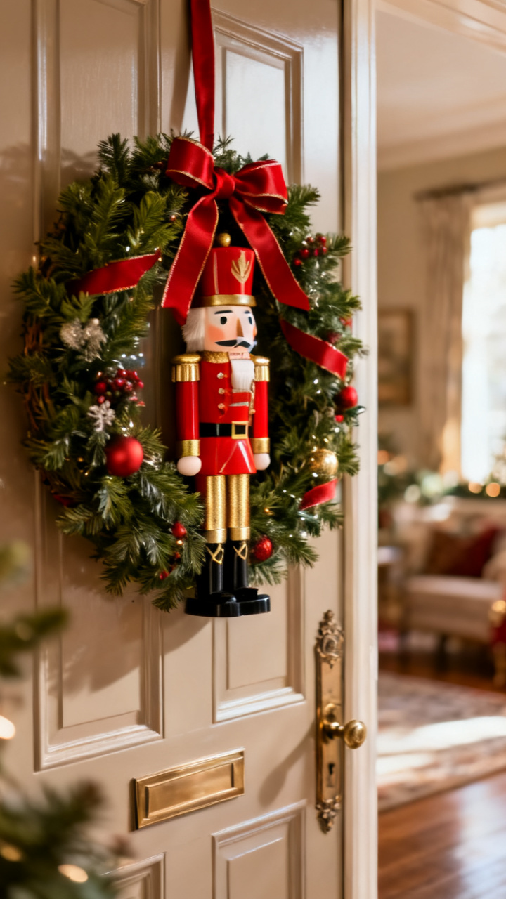 Photorealistic classic Christmas wreath in rich red and gold with plaid ribbon and gold ornaments on a dark green door, festive traditional style, warm light, cozy elegant holiday palette, no text, no people, no logo, no watermark