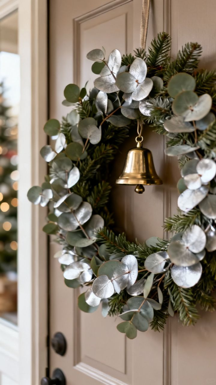Photorealistic silvery eucalyptus Christmas wreath with a few brass bells and a linen ribbon on a soft sage door, fresh modern style, soft daylight, calm cozy holiday palette, no text, no people, no logo, no watermark