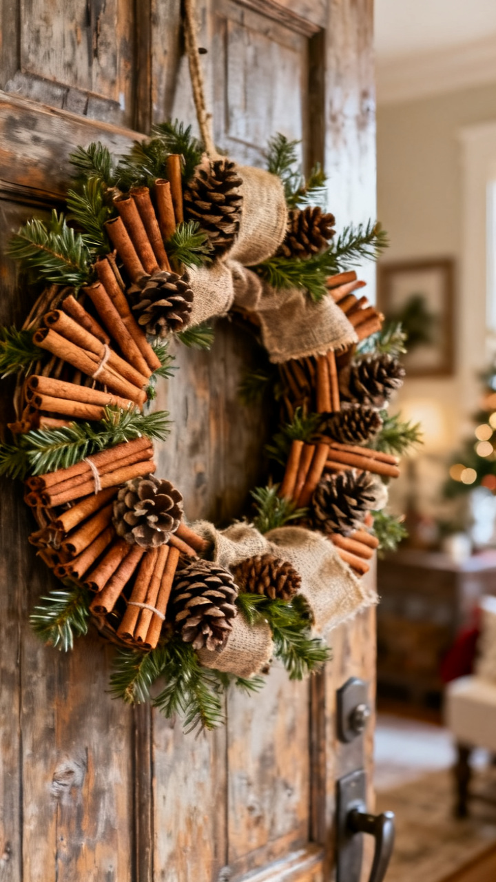 Photorealistic rustic farmhouse Christmas wreath with cinnamon stick bundles, pinecones, and burlap ribbon on a barn-style door, warm cozy light, natural rustic holiday palette, no text, no people, no logo, no watermark