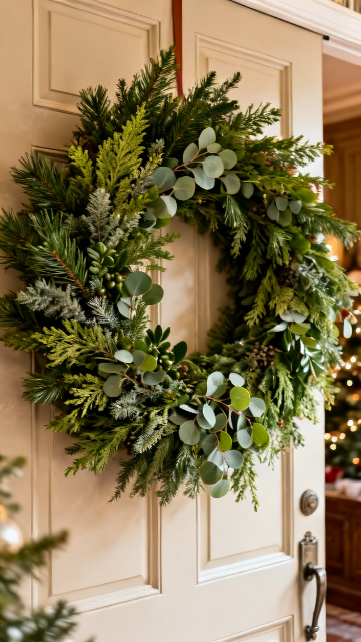 Photorealistic oversized mixed-greenery Christmas wreath with pine, cedar, eucalyptus, and berries on a large front door, lush full style, warm entry light, elegant cozy holiday palette, no text, no people, no logo, no watermark