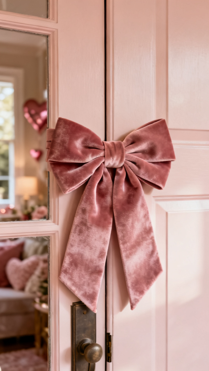 Photorealistic oversized burgundy velvet bow hung on a white front door, long trailing ribbon tails, soft blush and green accents, warm afternoon light, romantic elegant neutral palette, no text, no people, no logo