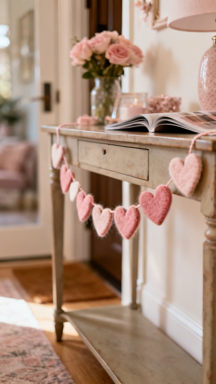 Photorealistic soft felt heart garland in blush, cream, and dusty rose strung across a console mirror in an entryway, warm natural light, cozy romantic neutral palette, no text, no people, no logo