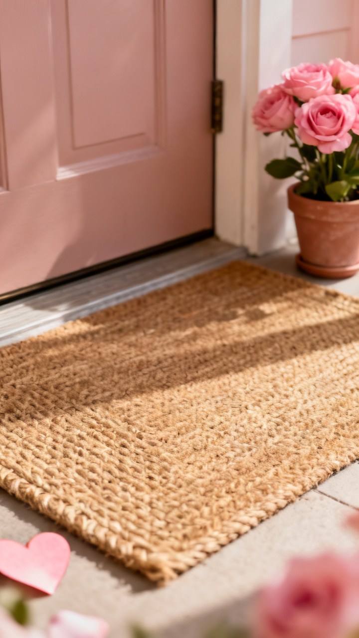 Photorealistic coir doormat with a subtle heart motif in front of a white door, blush potted plant beside it, warm morning light, welcoming romantic neutral palette, no text, no people, no logo