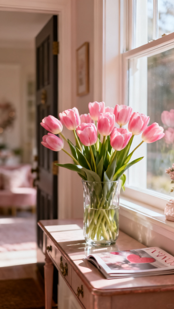 Photorealistic clear glass vase full of fresh pink tulips on an entry console, soft blush and green tones, gentle daylight from a sidelight window, romantic airy neutral palette, no text, no people, no logo