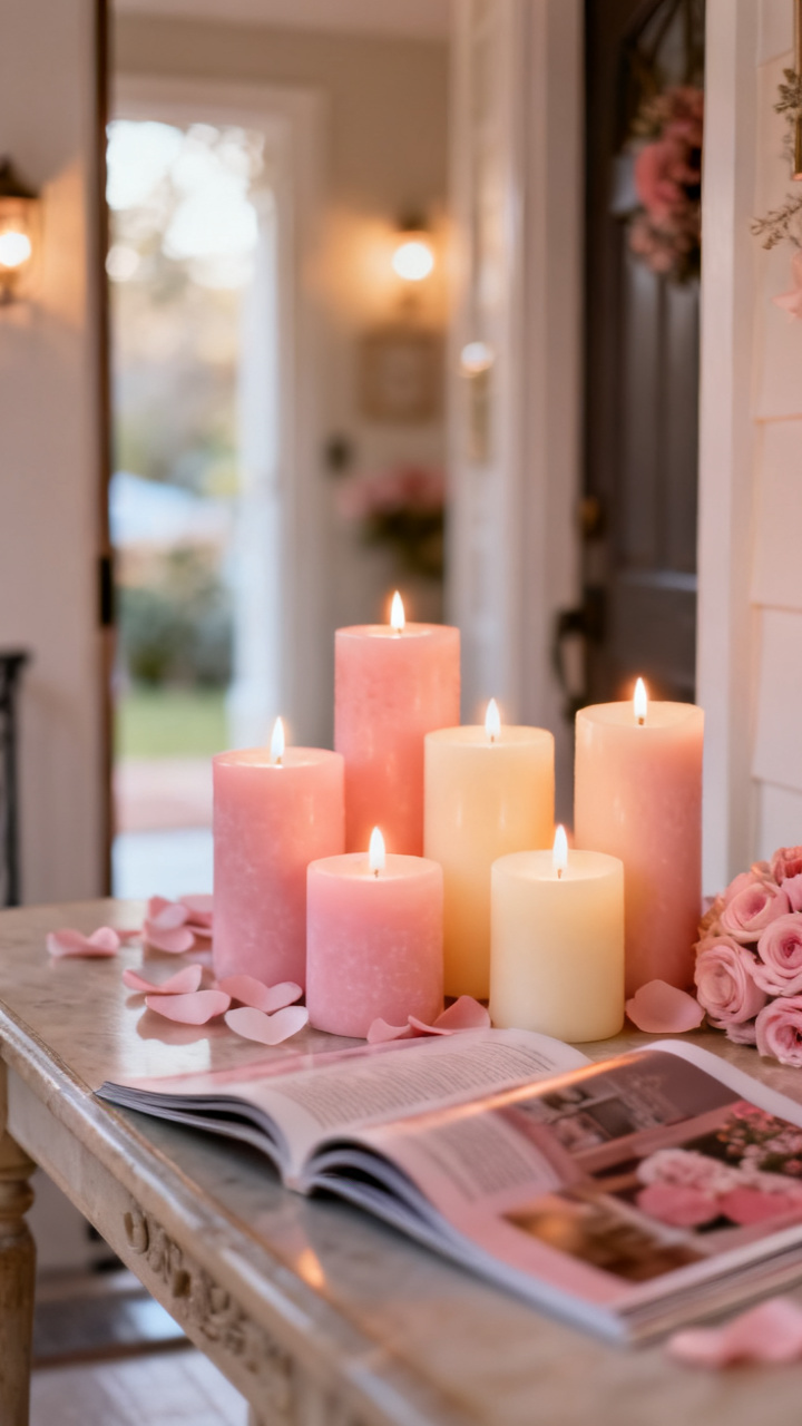 Photorealistic cluster of blush and cream pillar candles on a brass tray on an entry console, soft warm glow at dusk, romantic cozy neutral palette, no text, no people, no logo