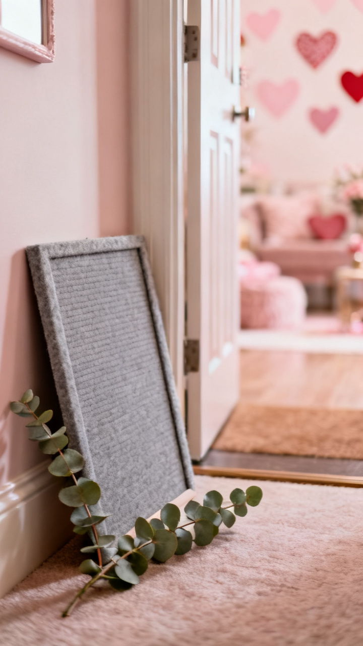 Photorealistic felt letter board propped on an entry console beside a small vase of roses, blank board surface, warm soft light, romantic minimalist neutral palette, no text, no people, no logo