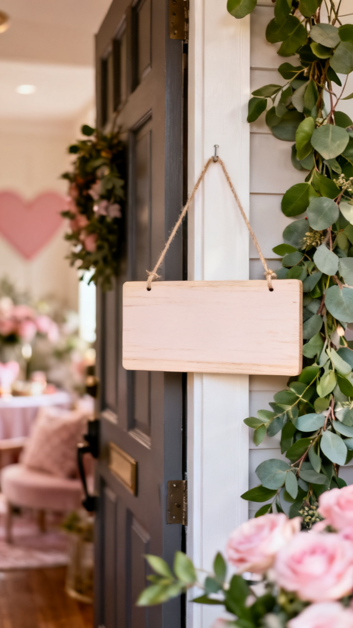 Photorealistic wooden welcome sign leaning beside a front door with a small heart wreath and blush florals, warm daylight, charming romantic neutral palette, no text, no people, no logo