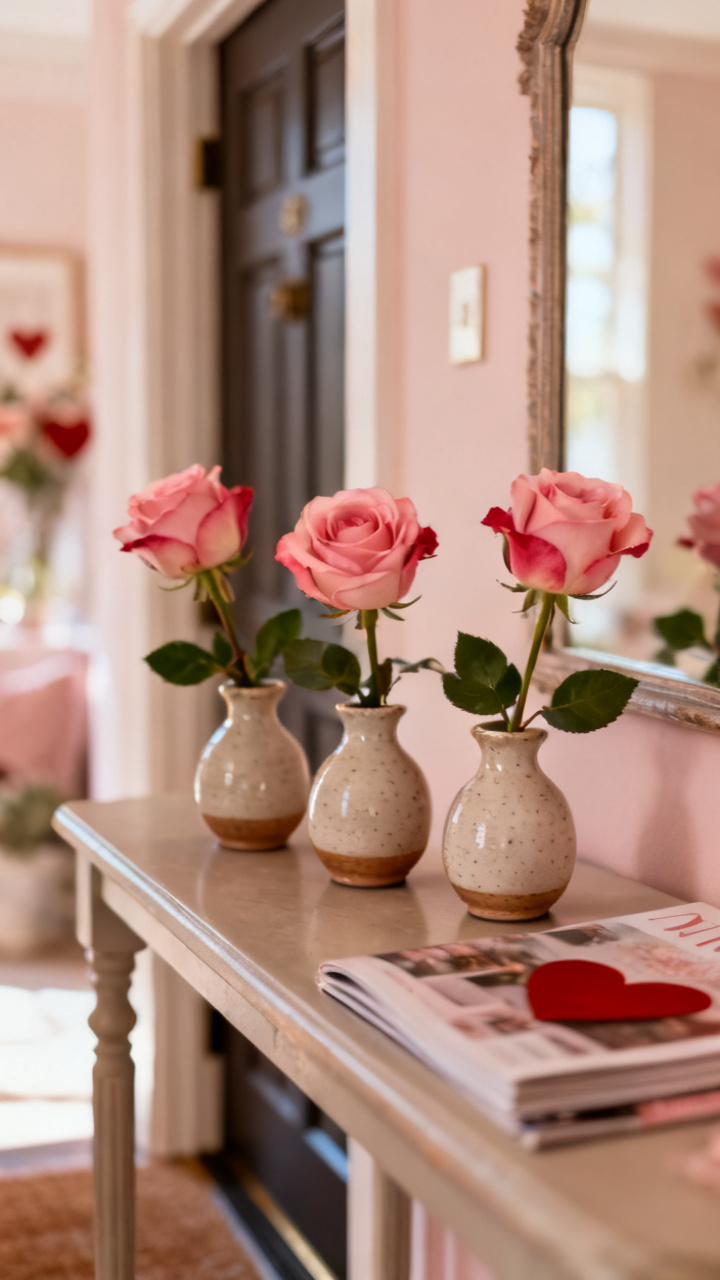 Photorealistic trio of small blush bud vases in a row on an entry console, each holding a single rose or ranunculus, soft daylight, romantic minimalist neutral palette, no text, no people, no logo