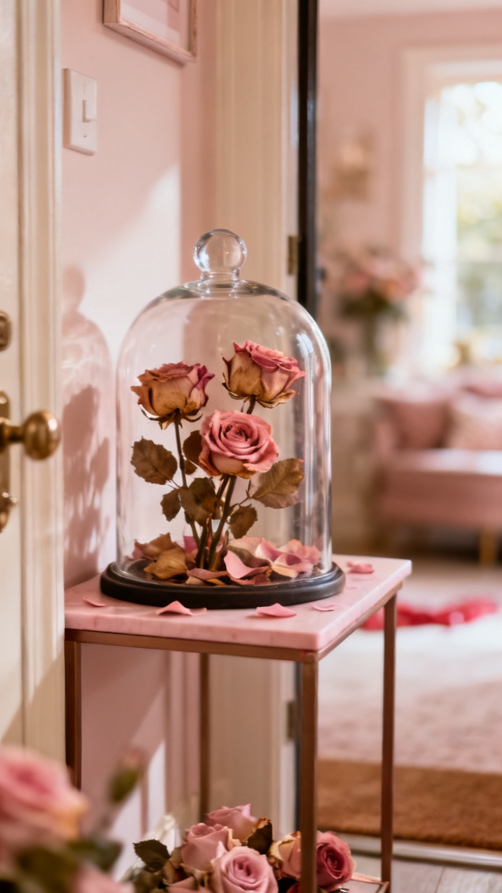 Photorealistic glass cloche over a small bundle of dried roses on a brass base on an entry console, soft warm light, romantic vintage neutral palette, no text, no people, no logo