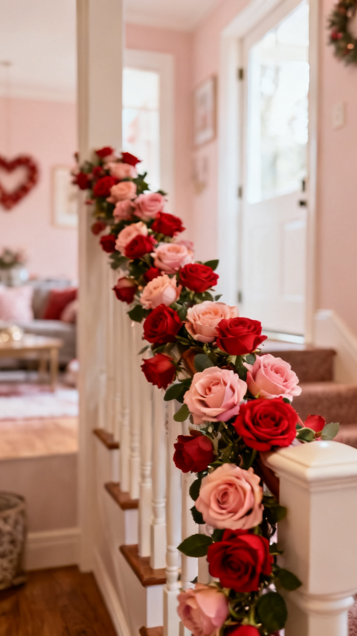 Photorealistic soft artificial rose garland draped down an entry stair banister, blush and burgundy blooms with green leaves, warm daylight, romantic elegant neutral palette, no text, no people, no logo