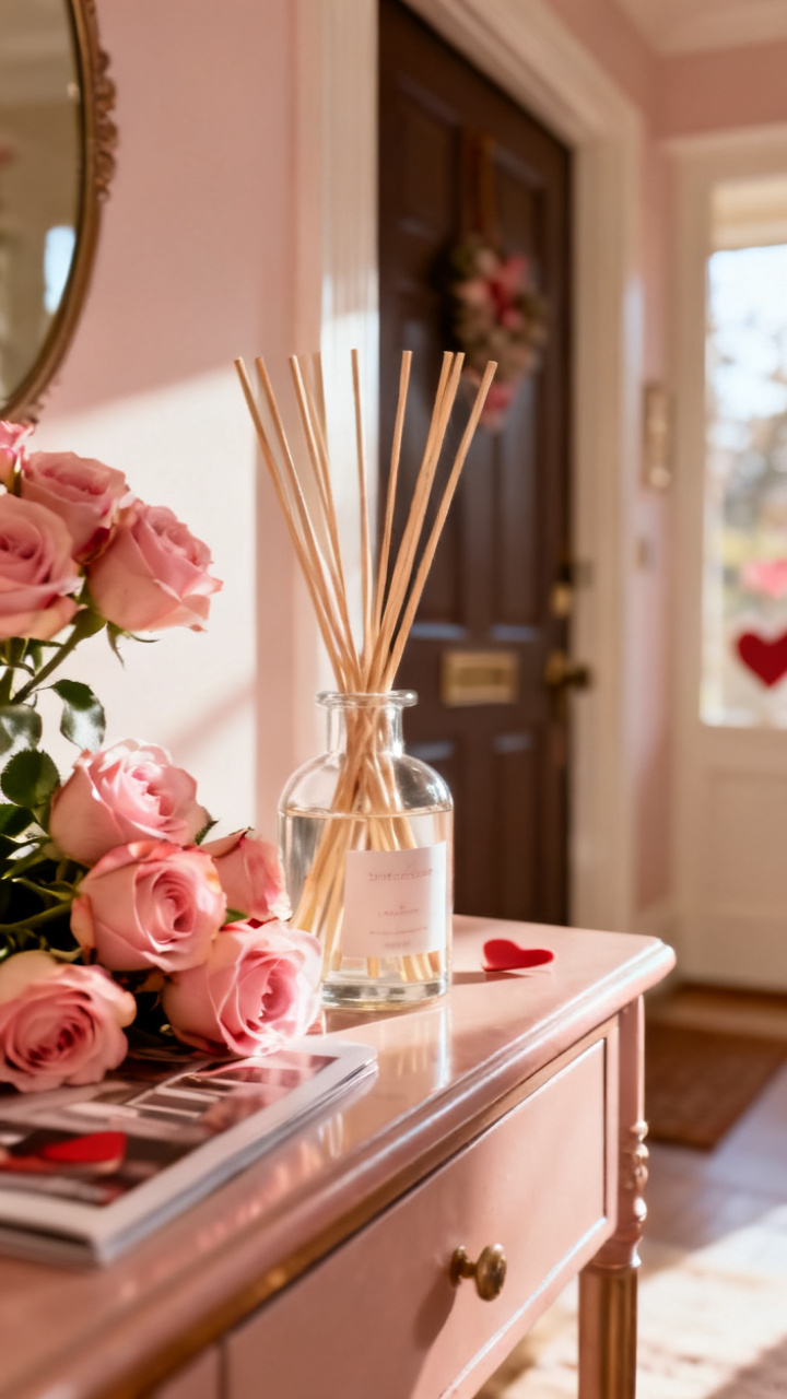 Photorealistic frosted glass reed diffuser on an entry console beside a small vase of roses, soft warm light, romantic neutral palette, no text, no people, no logo