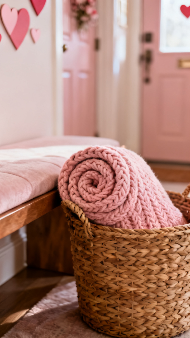 Photorealistic woven basket beside a front door holding a rolled blush knit throw, small greenery sprig, warm soft light, cozy romantic neutral palette, no text, no people, no logo