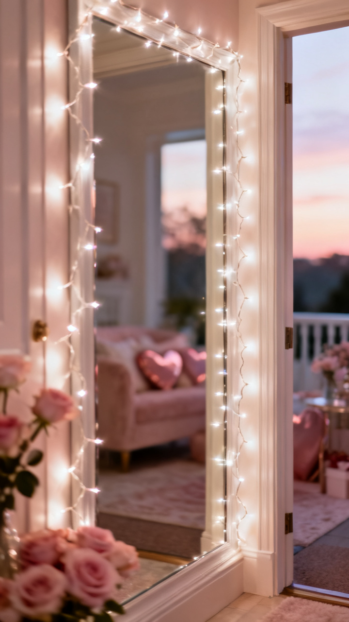Photorealistic warm-white fairy lights woven through greenery and a mirror frame in an entryway at dusk, soft golden glow, romantic cozy neutral palette, no text, no people, no logo