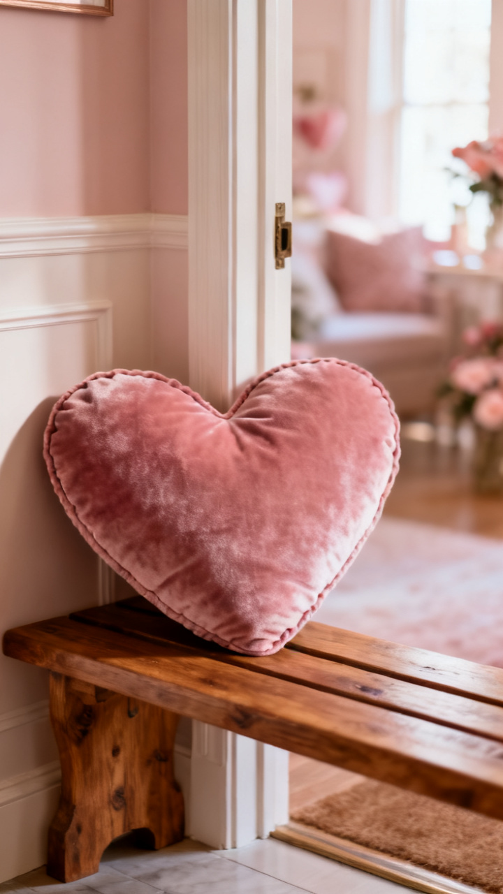 Photorealistic blush velvet heart-shaped pillow on a wooden entry bench with a folded throw, warm soft light, cozy romantic neutral palette, no text, no people, no logo