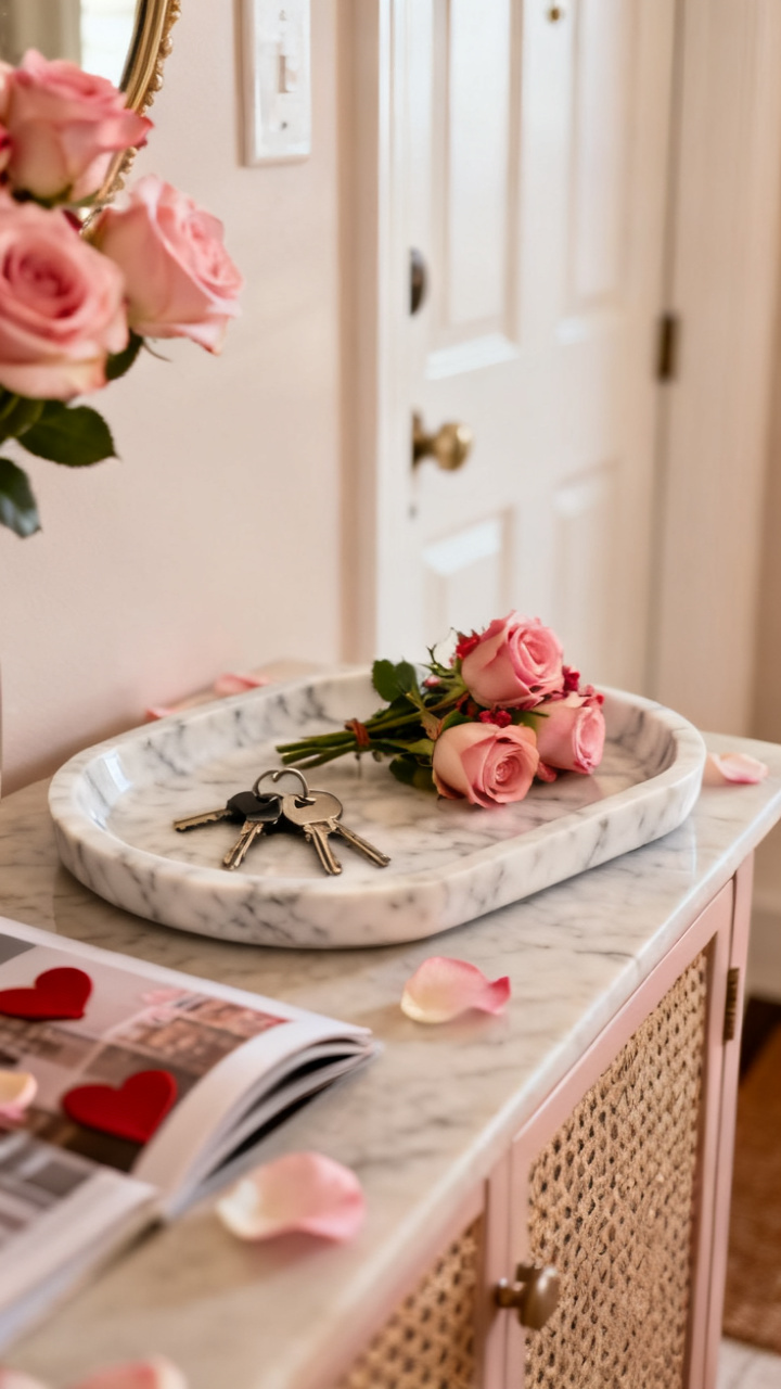 Photorealistic blush marble catchall tray on an entry console holding keys and a small trinket, soft daylight, romantic tidy neutral palette, no text, no people, no logo