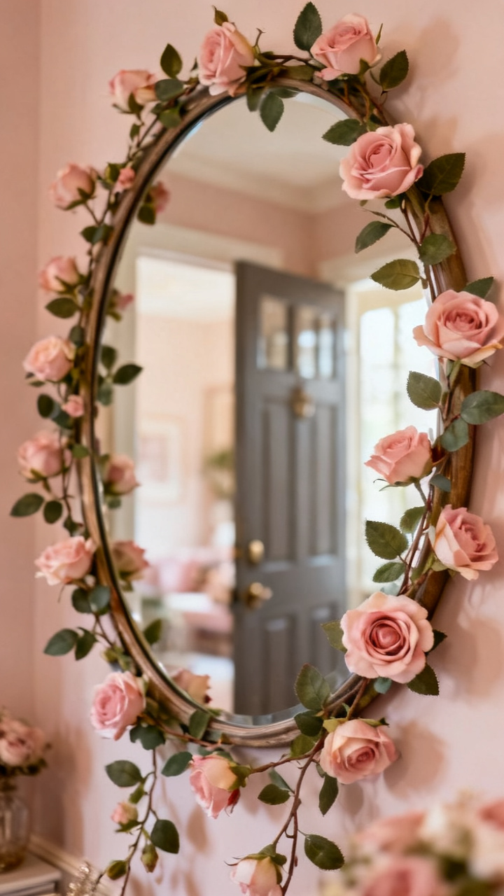 Photorealistic delicate faux rose vine wound around an arched entry mirror, blush and green blooms, warm soft light, romantic elegant neutral palette, no text, no people, no logo