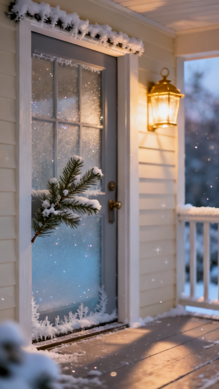 Photorealistic front door with a light dusting of faux snow along the top of the frame and on a small evergreen sprig, soft frosted glass, warm porch light glowing at dusk, neutral winter palette, cozy magical mood
