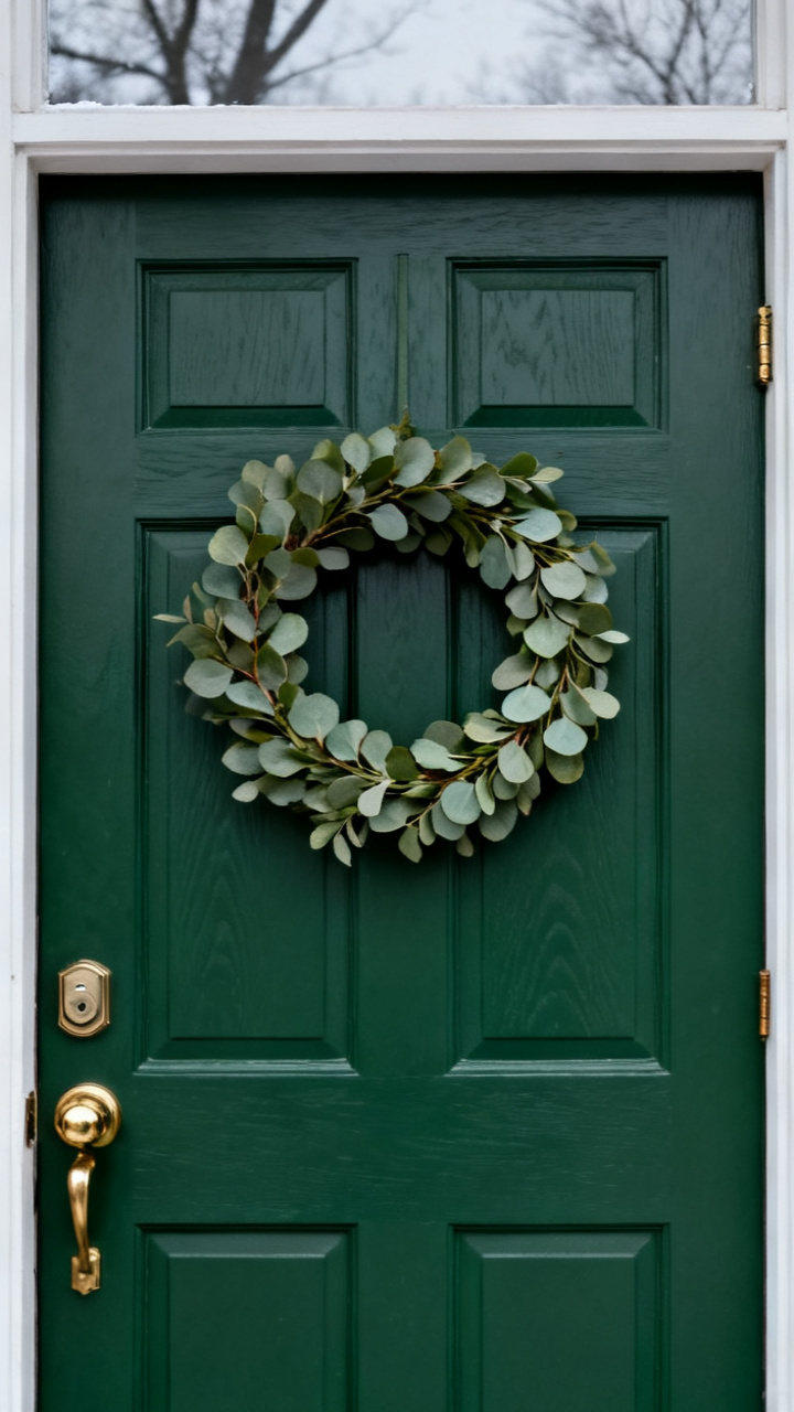 Photorealistic front door painted deep forest green with a simple eucalyptus wreath, brass hardware, soft overcast winter daylight, muted sophisticated palette, calm inviting entry