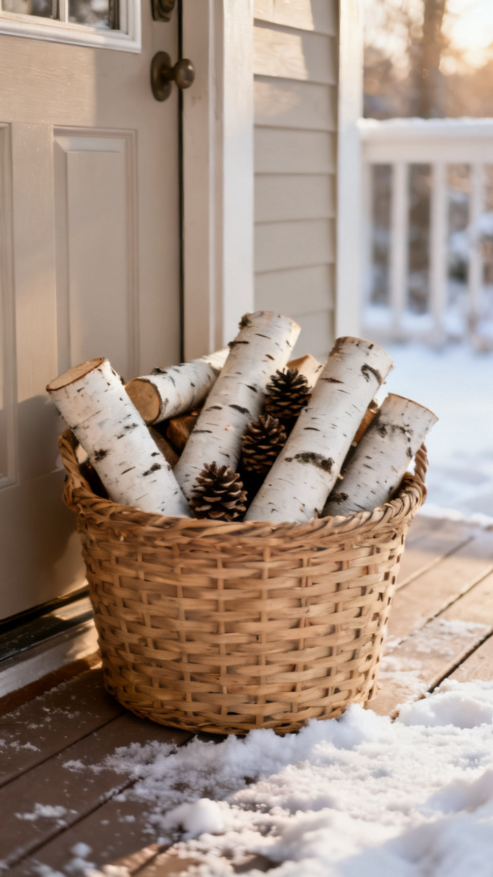 Photorealistic bundle of white birch logs stacked in a woven basket beside a front door, a few pinecones tucked in, soft snow on the porch, warm neutral tones, gentle winter morning light