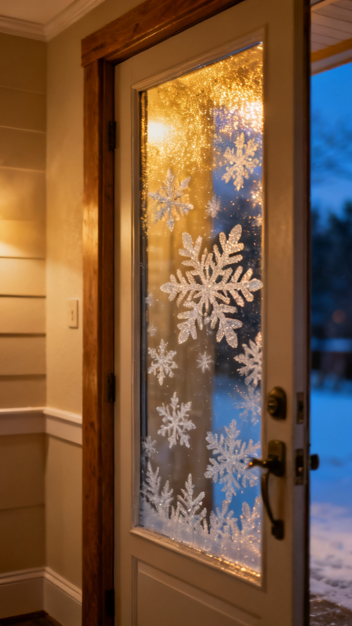 Photorealistic frosted snowflake window clings on a front door glass panel, soft warm light glowing from inside, subtle winter shimmer, cozy neutral entry, evening mood