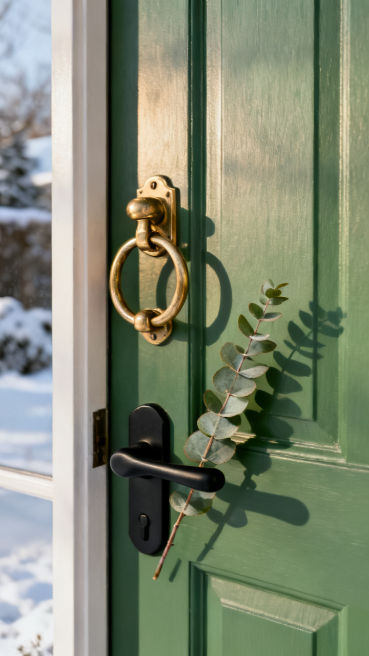 Photorealistic close-up of a brass door knocker and matte black handle on a green front door with a small eucalyptus sprig, warm side light, crisp winter detail, elegant neutral palette