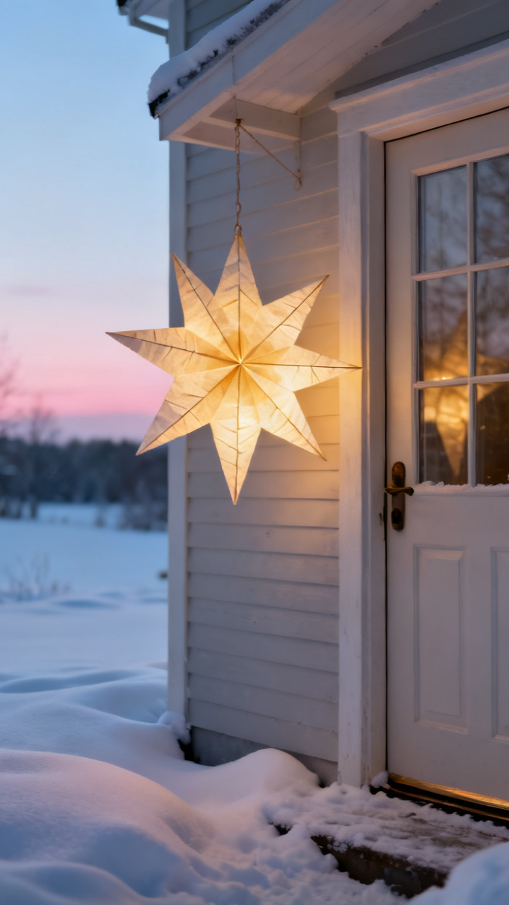 Photorealistic warm-glowing paper Nordic star light hanging beside a winter front door at dusk, soft golden glow, snow on the ground, calm Scandinavian neutral palette, magical evening mood