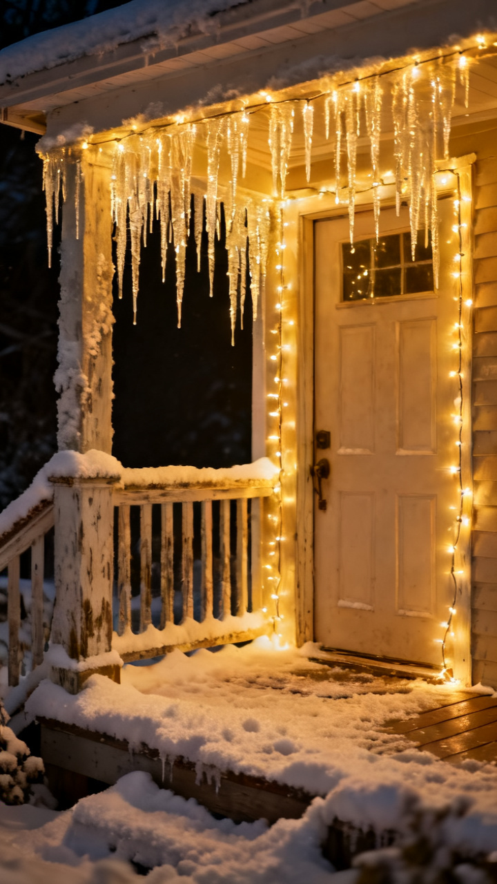 Photorealistic warm-white icicle lights cascading down a front door frame at night, soft dripping glow, snow on the porch, cozy inviting winter entry, magical golden light
