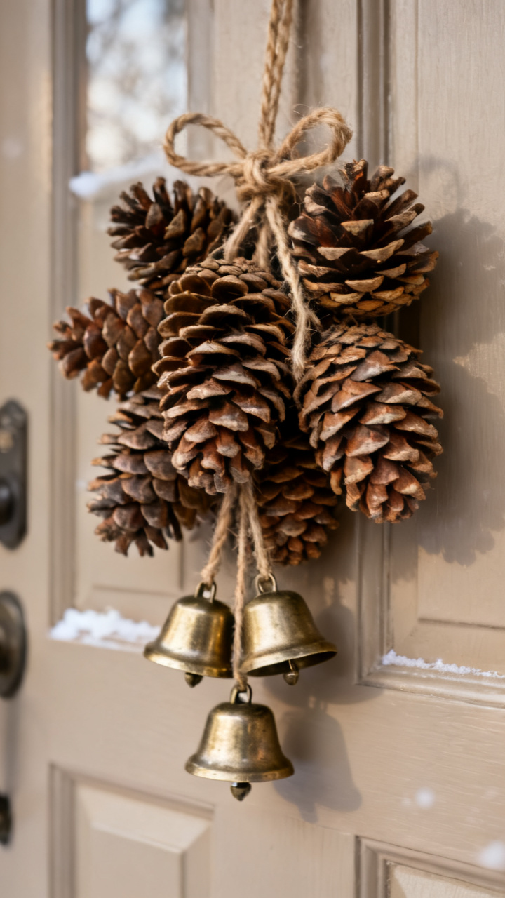 Photorealistic cluster of natural pinecones and small brass bells tied with jute on a front door, soft winter light, warm rustic neutral palette, charming cozy detail