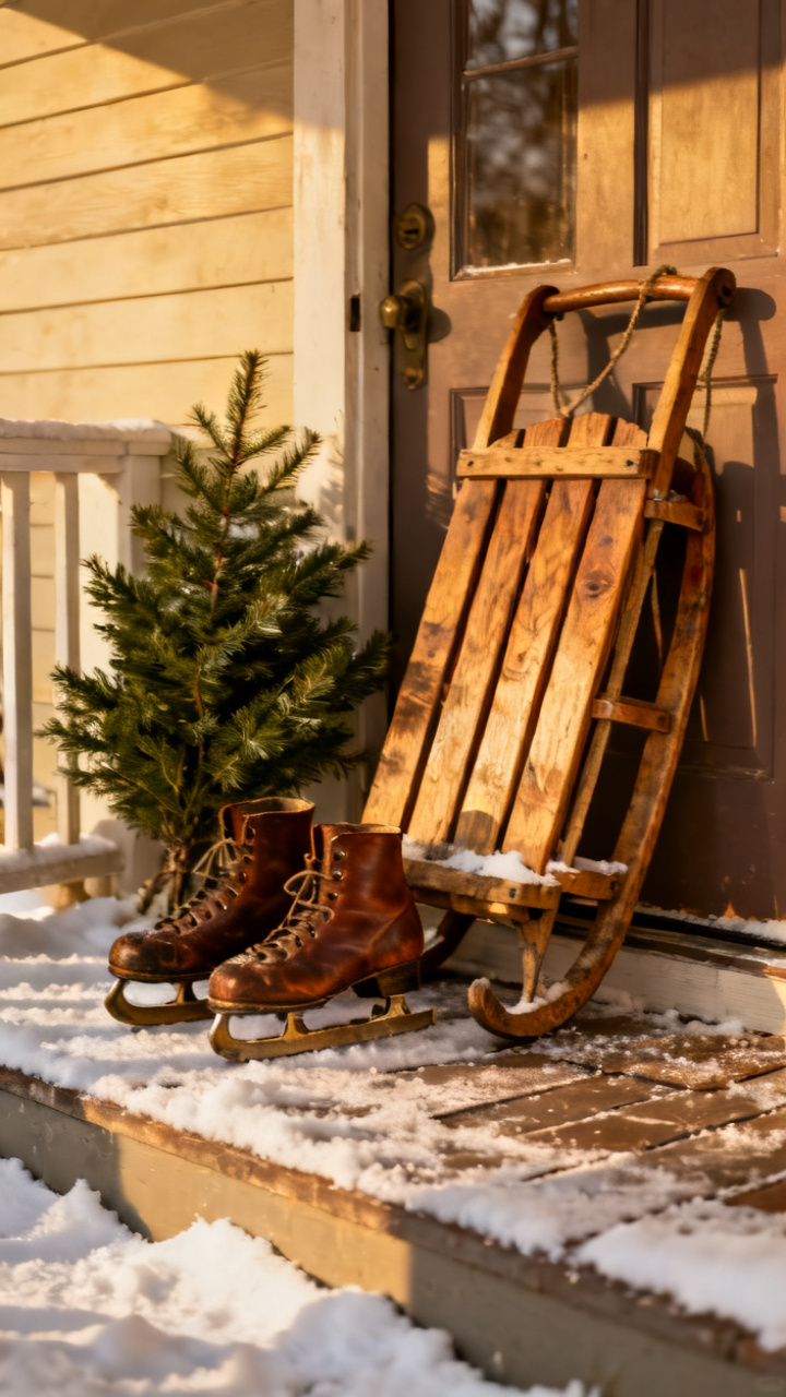 Photorealistic vintage wooden sled and old leather ice skates leaning beside a front door with a sprig of greenery, snow on the porch, warm nostalgic winter palette, cozy charming mood