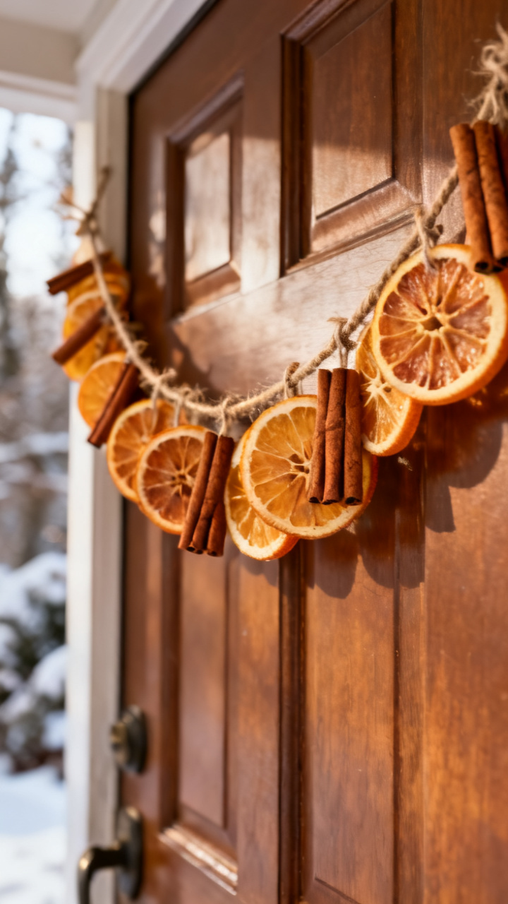 Photorealistic garland of dried orange slices and cinnamon sticks strung on twine across a front door, warm amber tones, soft winter light, cozy natural rustic palette, inviting mood