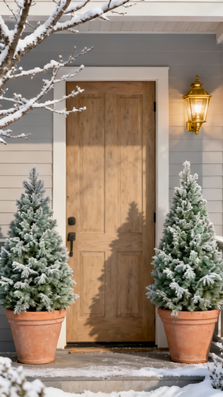 Photorealistic pair of frosted evergreen topiaries in matte planters flanking a front door, light snow dusting, warm porch light, elegant symmetrical neutral winter palette, welcoming mood