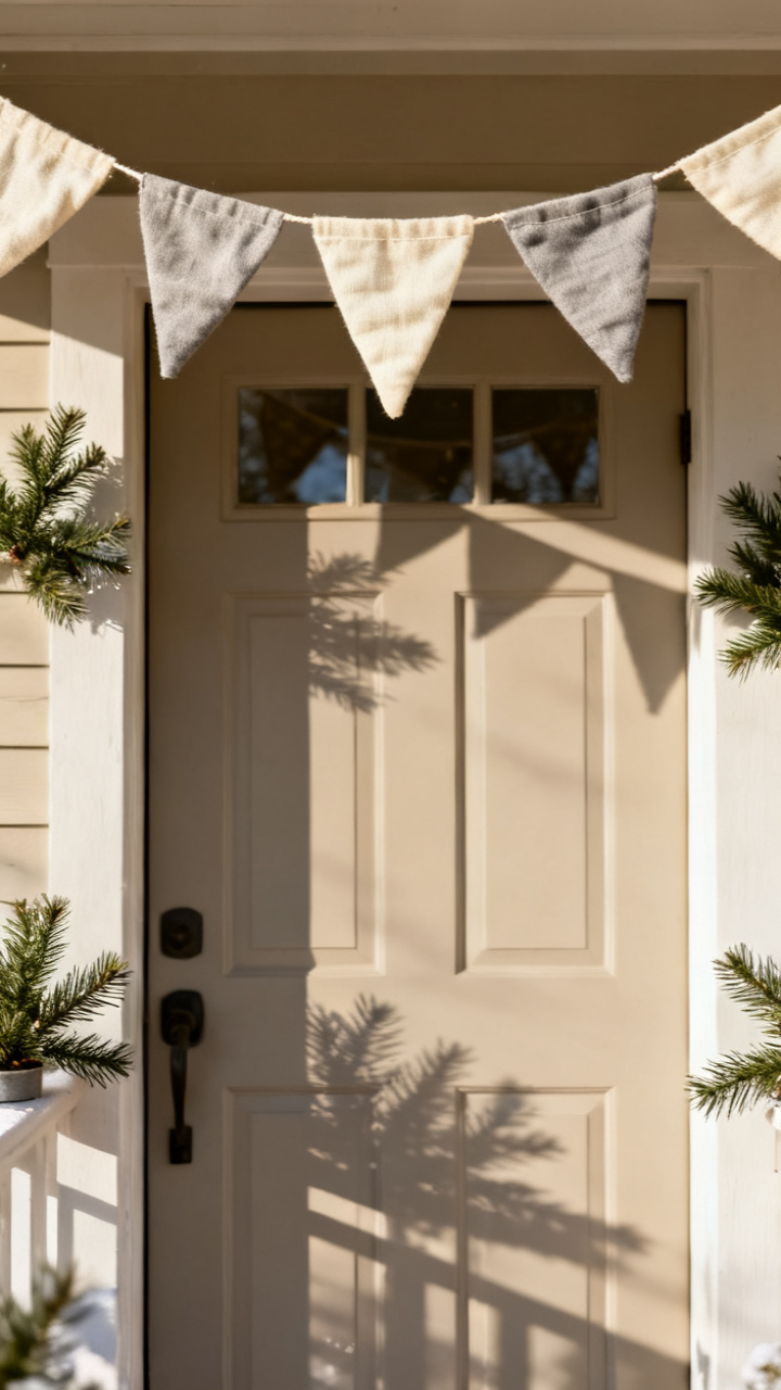 Photorealistic simple fabric winter banner with soft neutral pennants strung above a front door, small evergreen sprigs, warm daylight, cozy welcoming neutral palette, charming detail