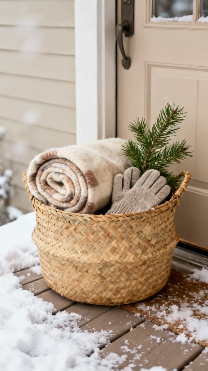 Photorealistic woven basket beside a front door filled with a rolled wool throw, mittens and a small evergreen sprig, soft snow on the porch, warm neutral winter palette, cozy inviting mood