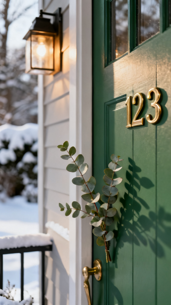 Photorealistic crisp brass house numbers on a green front door beside a small eucalyptus sprig, warm side light, elegant modern neutral winter palette, clean welcoming detail
