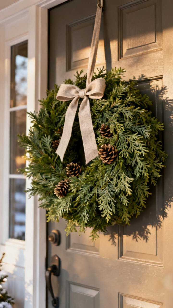 Photorealistic lush cedar kissing ball hanging beside a front door tied with a soft ribbon, small pinecones tucked in, warm winter light, natural green and neutral palette, elegant cozy mood