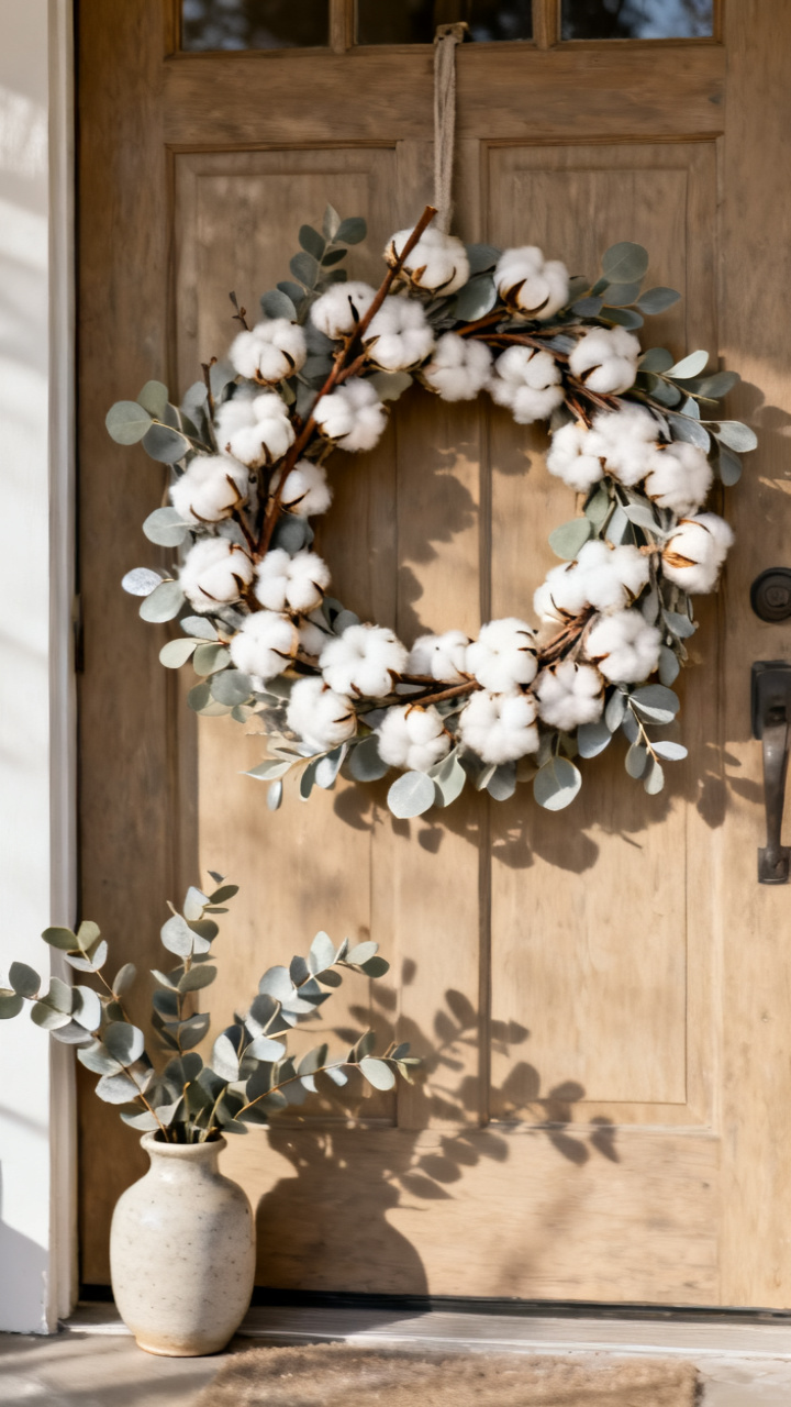 Photorealistic cotton stems and soft eucalyptus sprigs tucked into a door wreath and a small vase by a front door, warm neutral winter palette, gentle daylight, calm cozy detail