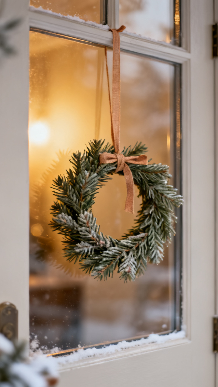 Photorealistic small evergreen mini wreath hung on the glass window of a front door with a thin ribbon, warm interior glow behind the glass, cozy neutral winter palette, charming detail