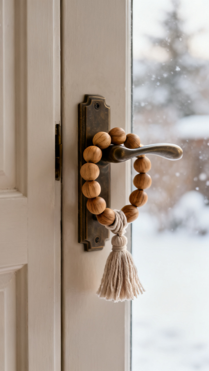 Photorealistic wooden bead garland with a small tassel wrapped around a front door handle, soft winter light, warm minimalist neutral palette, calm charming detail