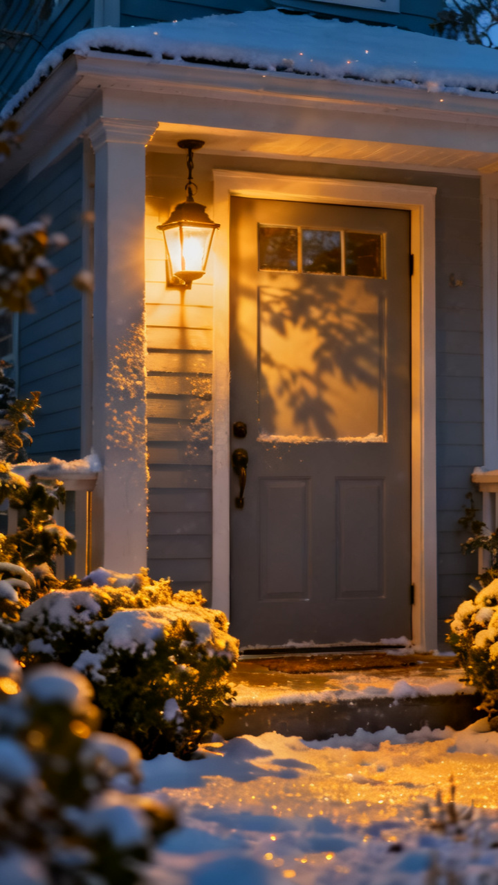 Photorealistic warm-glowing porch light beside a front door at dusk, soft golden light on snow and greenery, cozy inviting winter entry, neutral palette, magical evening mood