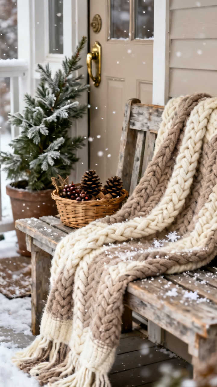 Photorealistic chunky wool throw draped over a wooden porch bench beside a front door, a small basket and greenery nearby, soft snow, warm neutral winter palette, cozy inviting mood