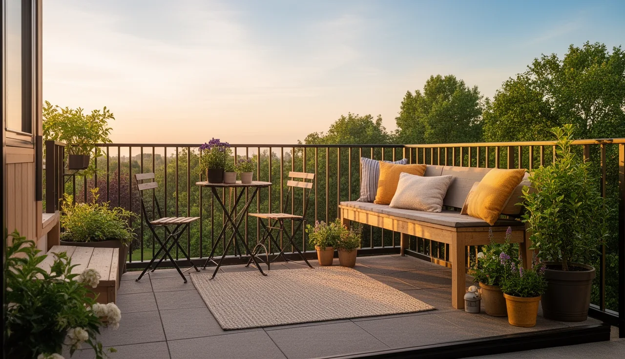 A cozy compact outdoor patio with space-smart small seating