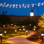A home garden at dusk lit by solar garden lights